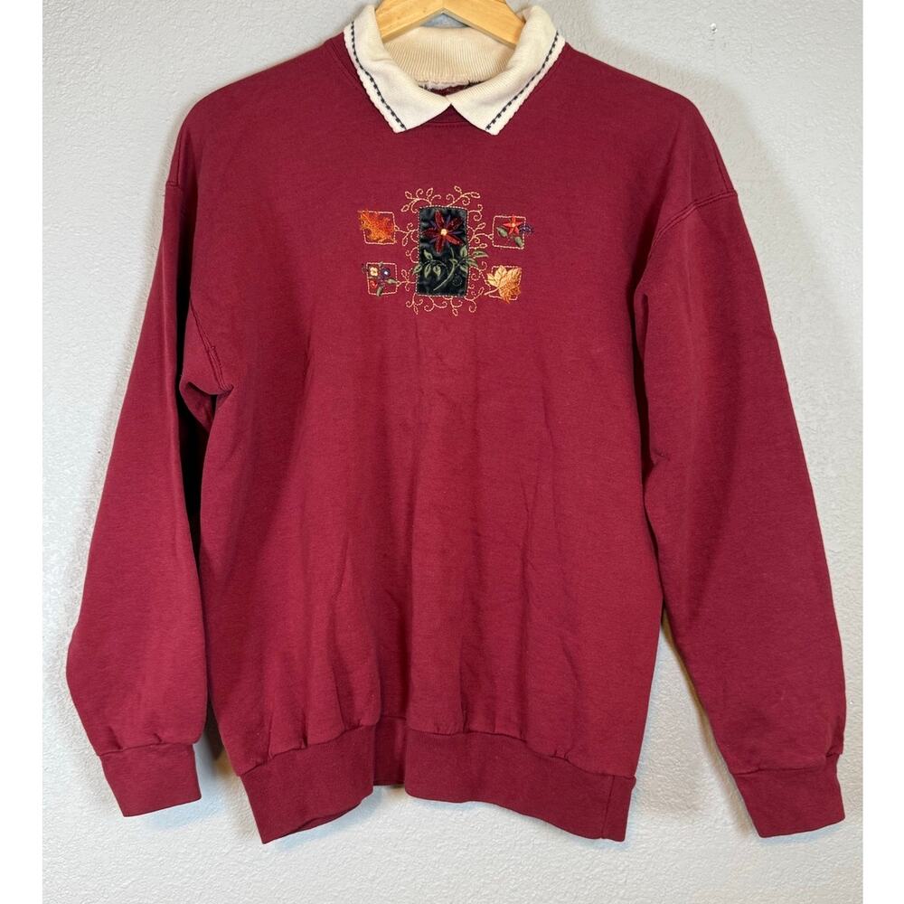 Vintage Grannycore Collared Fall Sweatshirt Cottagecore Country Cute Red Medium